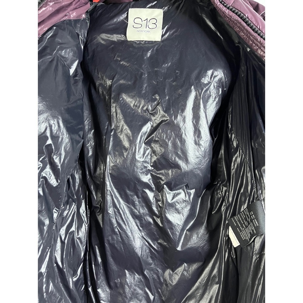 S13 New York Womens XS Burgundy Down Puffer Jacket Shiny Hooded Winter Coat - Picture 12 of 14